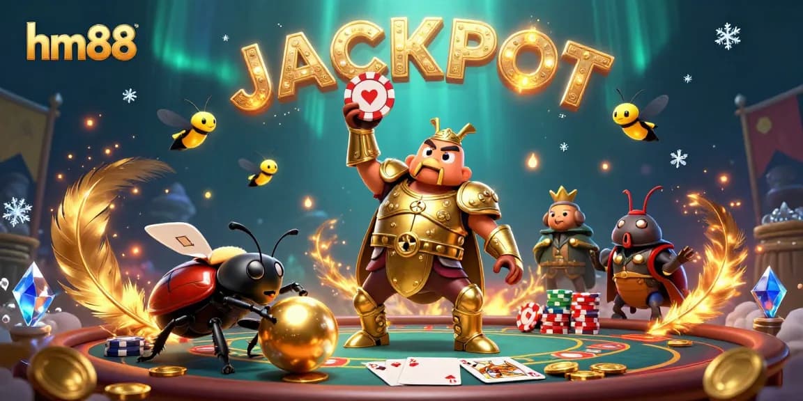 Experience the thrill of hm88 with a victorious beetle lifting a poker chip at a vibrant casino scene.