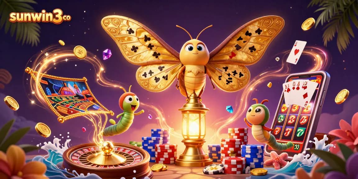 Experience winning moments with sunwin3 co, featuring golden moths, casino elements, and vibrant treasures.