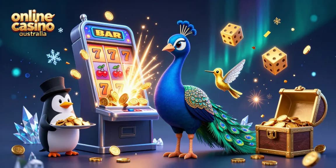 Engage with vibrant casino action at online casino australia featuring an aristocratic peacock, golden chips, and a jackpot slot machine