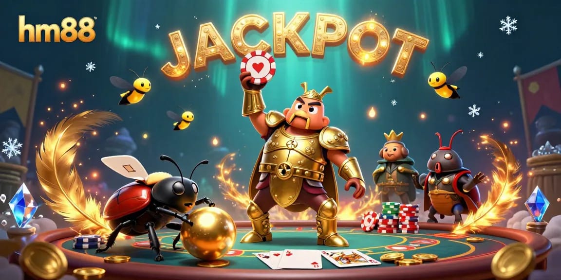 Experience the thrill of hm88 with a victorious beetle lifting a poker chip at a vibrant casino scene.
