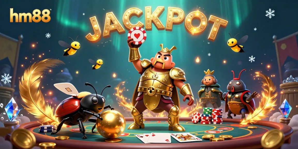 Experience the thrill of hm88 with a victorious beetle lifting a poker chip at a vibrant casino scene.