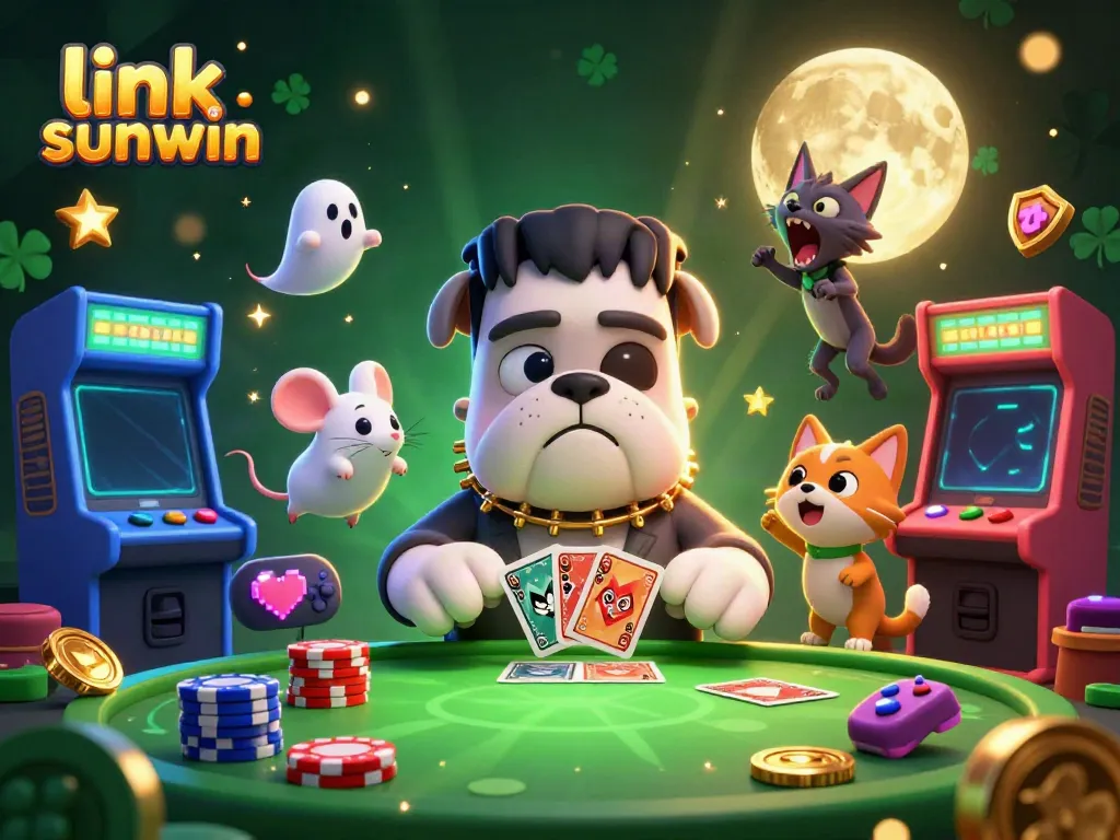 Experience fun gaming at link sunwin featuring a quirky bulldog dealer and a ghost mouse, set in a vibrant casino atmosphere.
