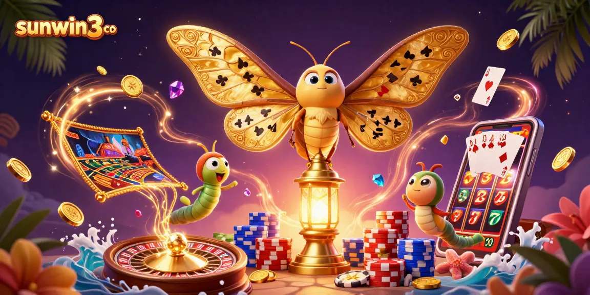 Experience winning moments with sunwin3 co, featuring golden moths, casino elements, and vibrant treasures.