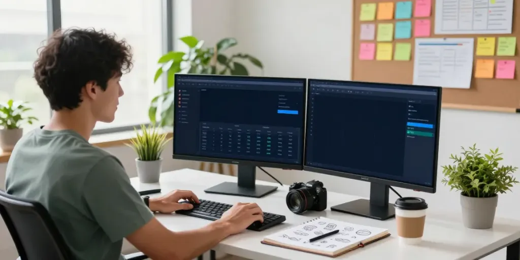 Data analyst using an AI rank tracker in a vibrant digital marketing office.