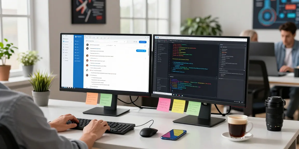 Using Telegram Web Version on a modern workspace setup with dual screens and creative office elements