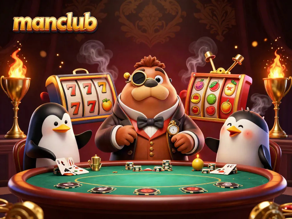 Experience thrilling moments at Manclub with a jolly walrus and friends enjoying poker at an underwater casino.