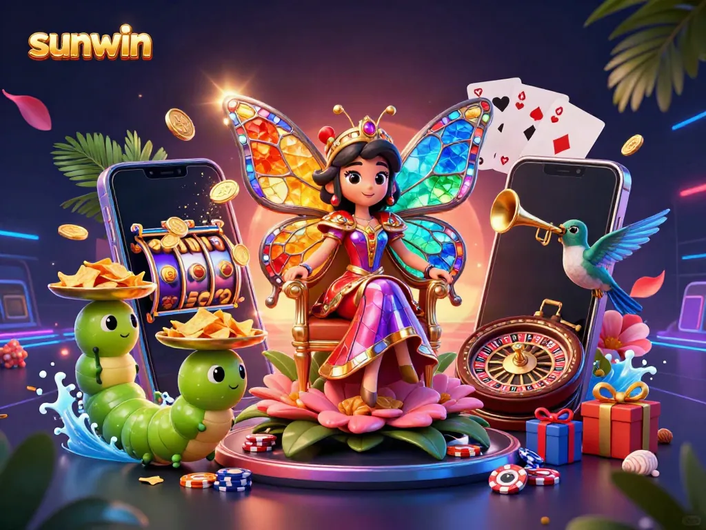 Experience thrilling gameplay with Sunwin's vibrant 3D illustration of a casino scene filled with lively characters and gaming elements.
