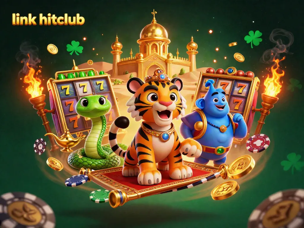 Experience thrilling moments with link hitclub in a vibrant casino illustration featuring a tiger sultan and magical elements.