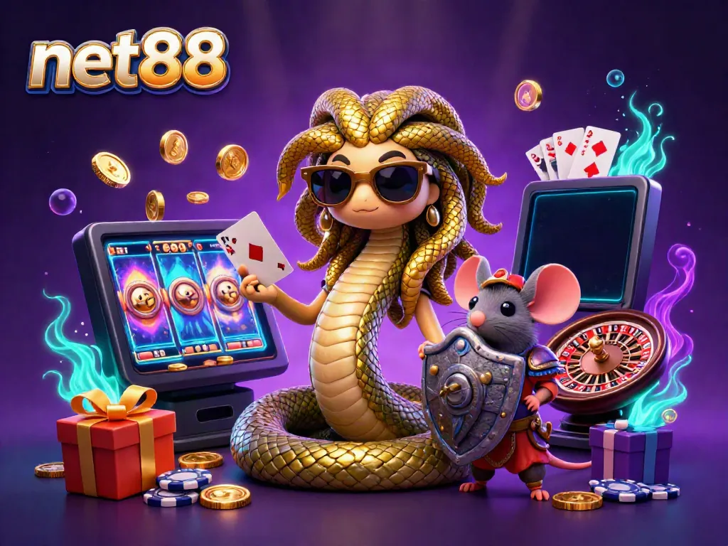 Engage with the vibrant world of net88 through a fun casino-themed 3D illustration featuring Medusa and a warrior mouse amid slot games and casino elements.