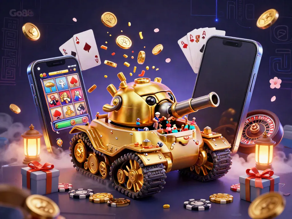 Engage with Go88's thrilling gaming experience, featuring a massive golden beetle tank revealing a miniature casino.